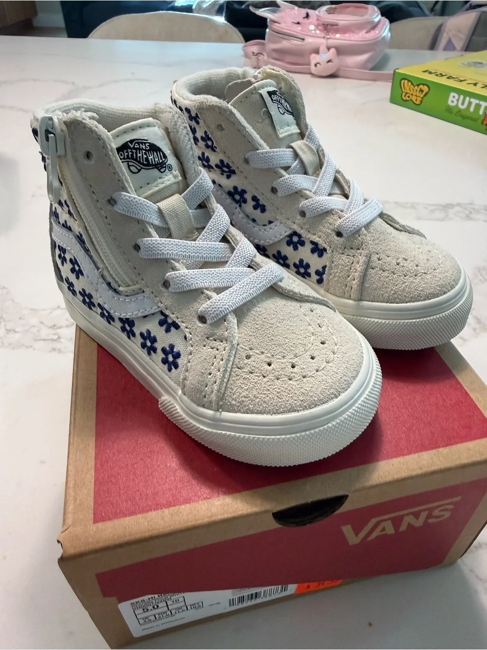 Vans Toddler Sk8-Hi Side Zip Shoe - White with Blue Floral